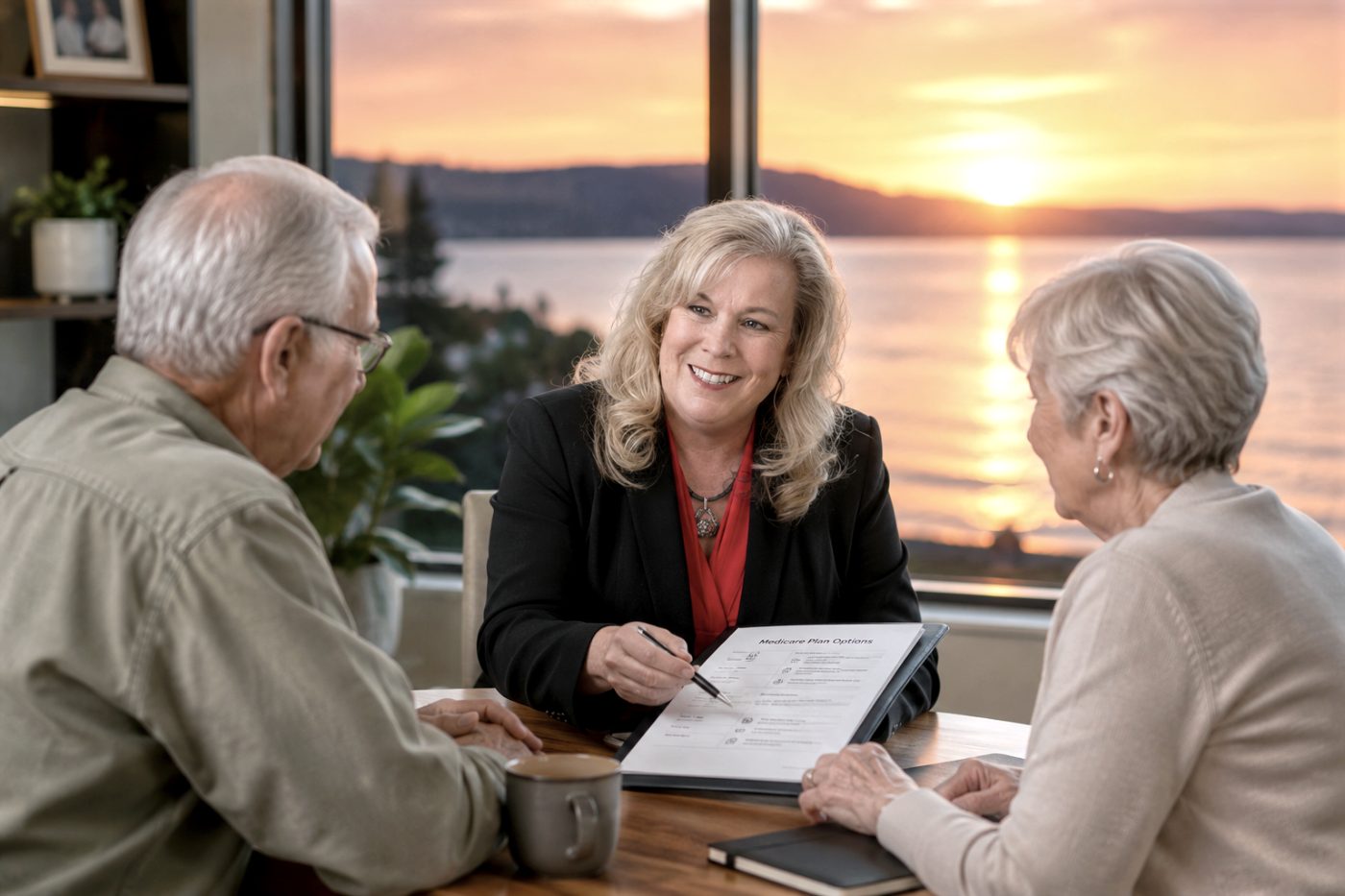 A Cline agent reviewing Medicare plan options with a couple at their kitchen table